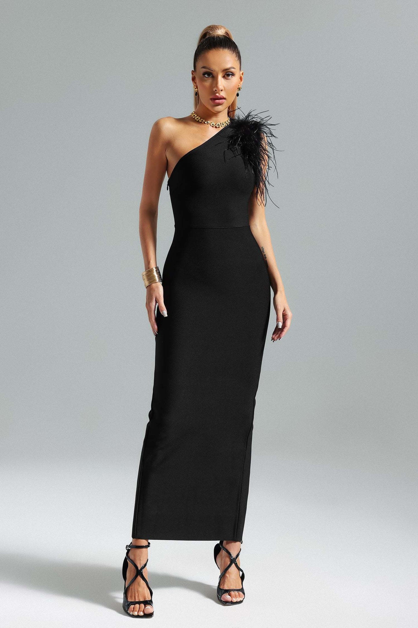 Dolga bandage obleka s perjem Majestic