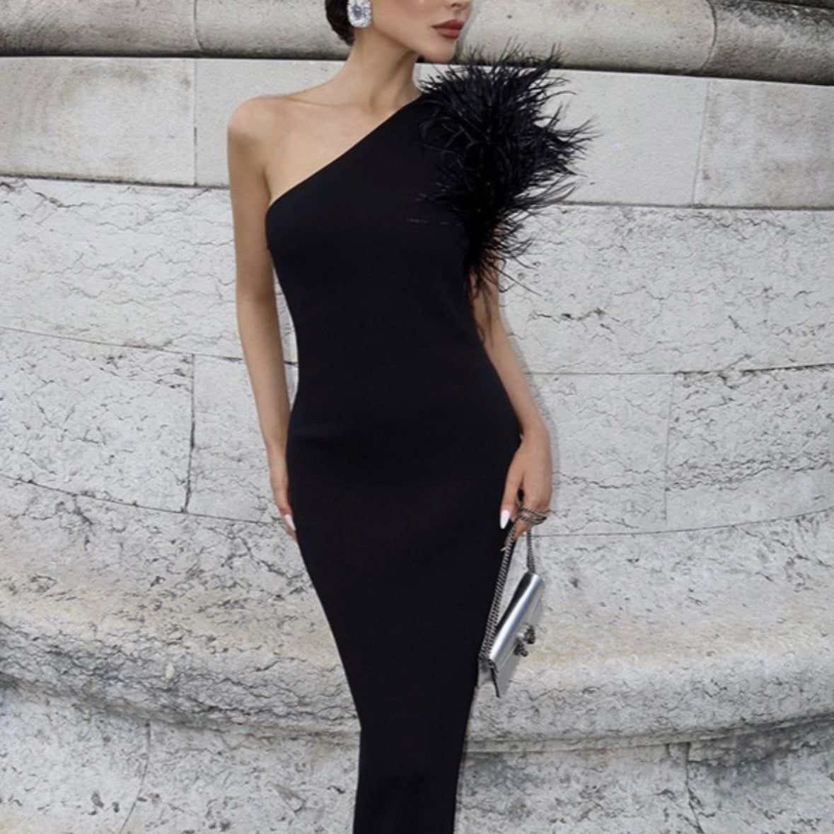 Dolga bandage obleka s perjem Majestic