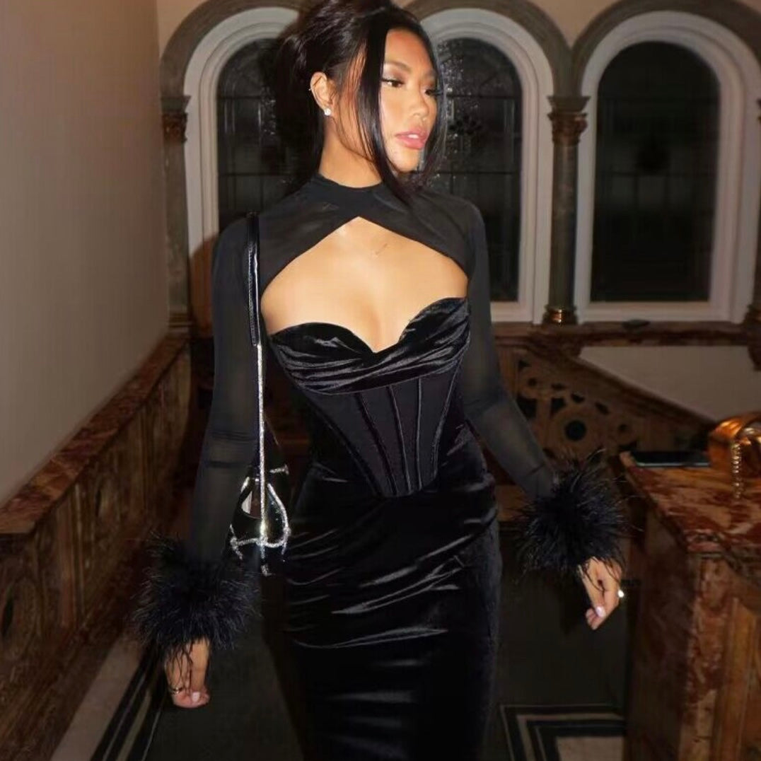 Dolga obleka s perjem Tiffany